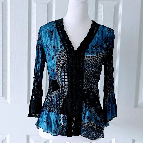 DRESS BARN Women's Accordion Crinkle Blouse Size S Blue & Black NWOT - Picture 1 of 7
